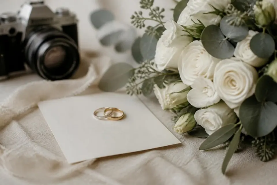 Wedding rings on a card beside a white rose bouquet, with a camera behind