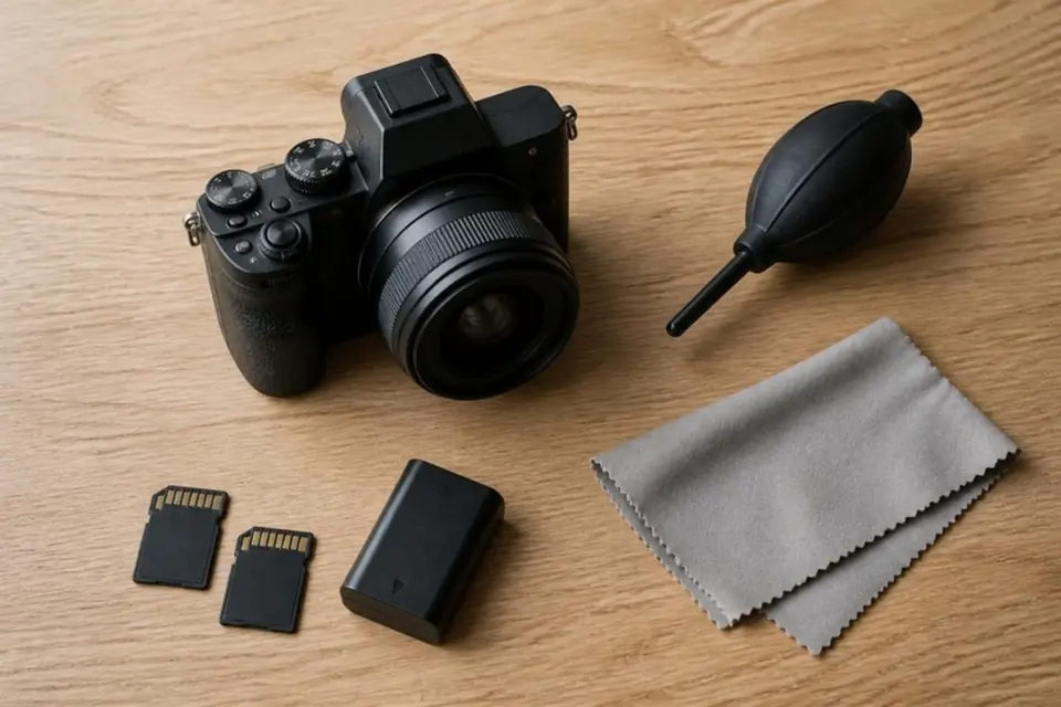 Mirrorless camera with a prime lens, memory cards, spare battery and cleaning tools on a wooden table