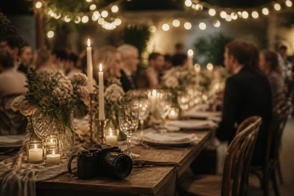 Candlelit event dinner table with flowers and string lights
