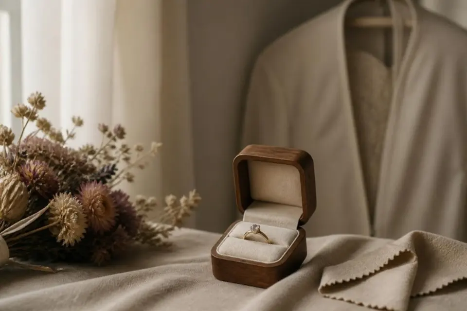 Engagement ring in an open wooden box beside dried flowers