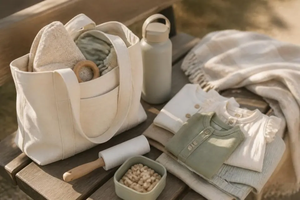 Packed tote bag, folded children's clothes, water bottle and blanket ready for a family photo session