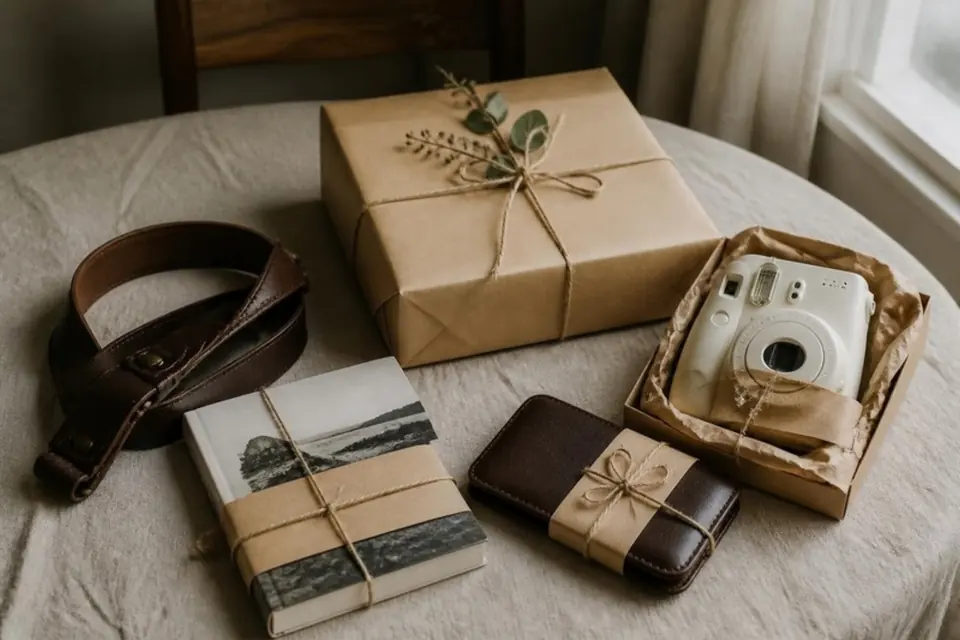 Wrapped gifts for a photographer, including a camera strap, book, card wallet and instant camera