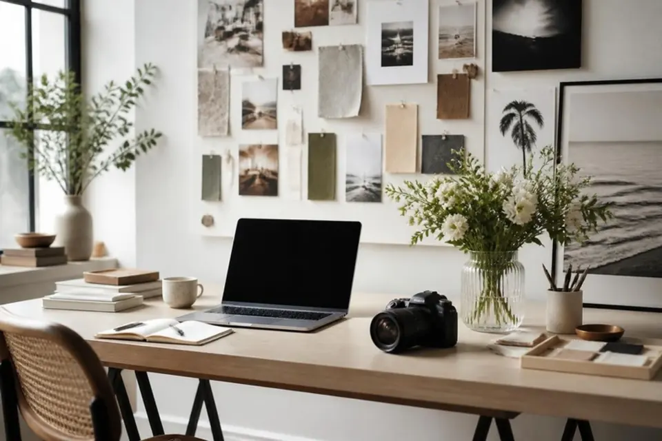 Bright creative workspace with a laptop, mood board, flowers and camera