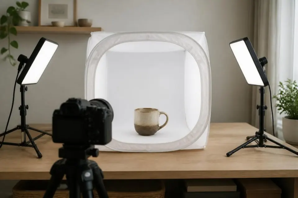 Home product photography setup with a light tent, LED panels and a camera on a tripod