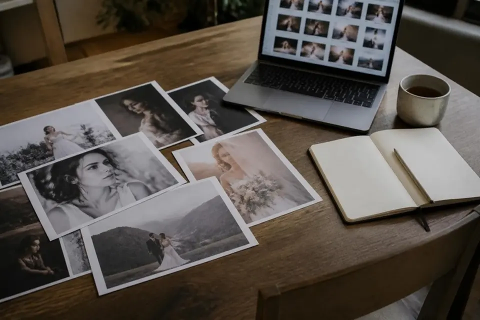 Printed portrait photographs spread on a table next to a laptop and notebook