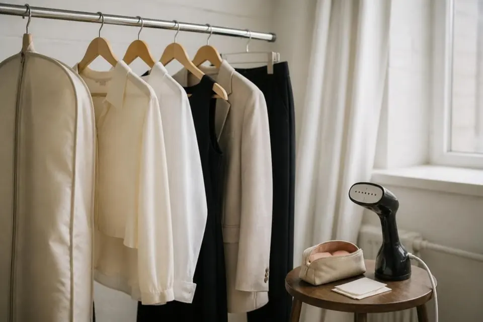 Pressed outfits on a clothing rack beside a garment bag and handheld steamer