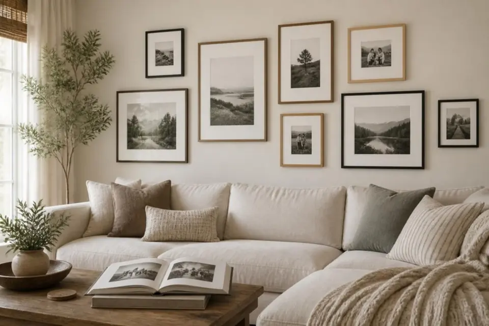Gallery wall of framed prints above a sofa, with a photo album on the coffee table