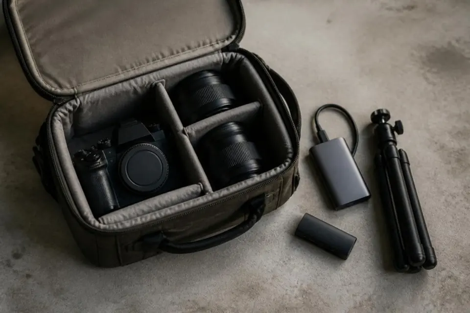 Open padded camera bag with a camera and lenses beside a portable SSD and small tripod