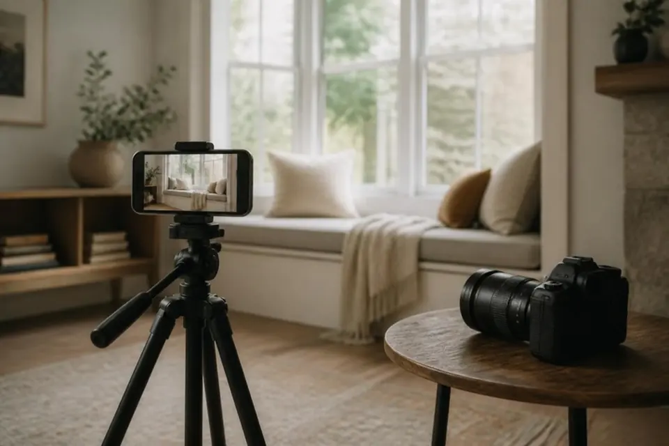 Smartphone on a tripod facing a window seat, with a camera on a nearby table