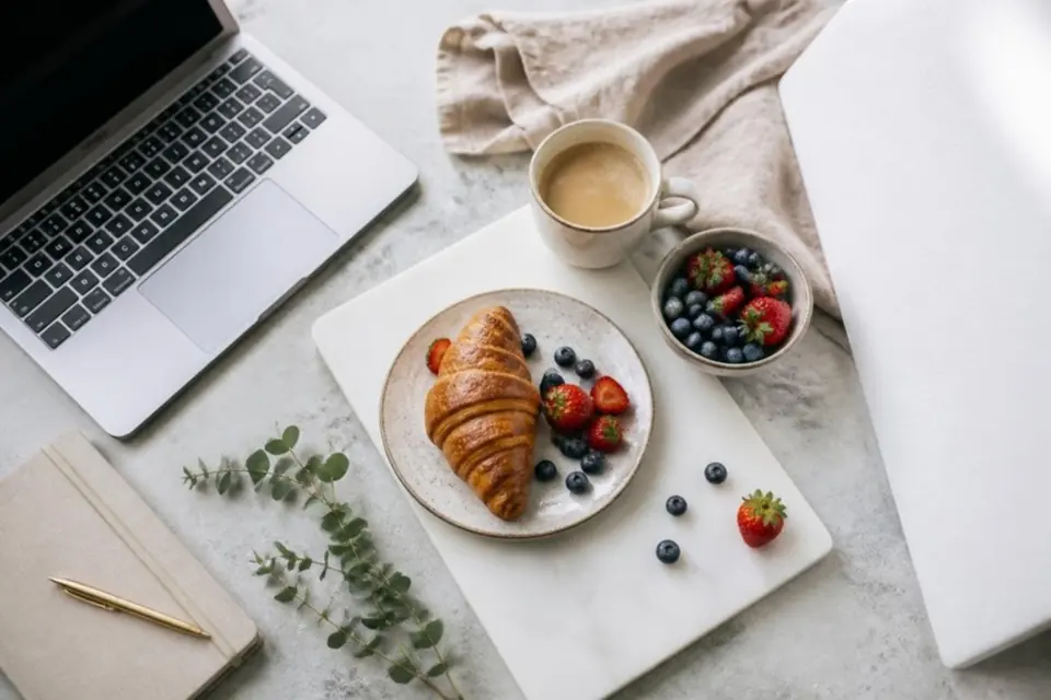 Styled breakfast flat-lay with coffee, a croissant and berries next to a laptop and reflector