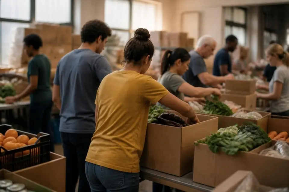 Volunteers packing boxes of fresh produce at a food bank