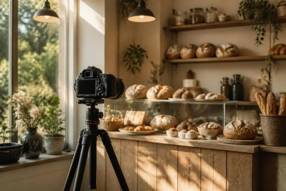 Bakery counter with fresh bread being photographed with a camera on a tripod