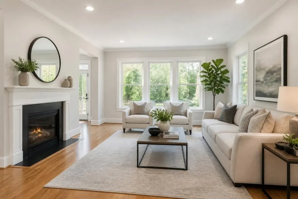 Bright staged living room with a fireplace and large windows