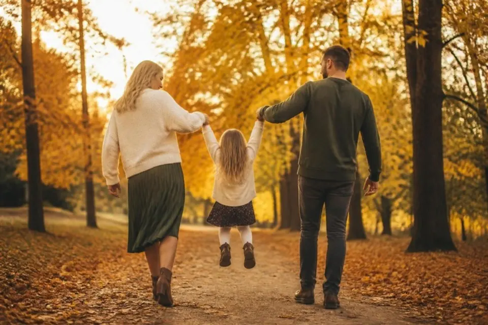 Family walking hand in hand through an autumn park