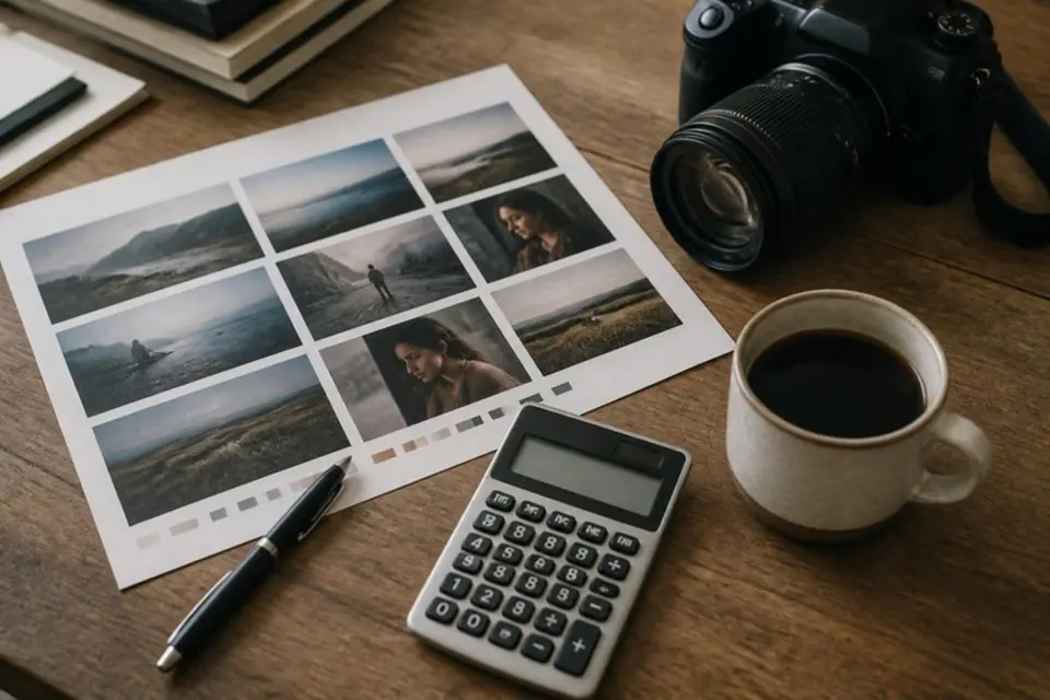 Photo proof sheet, calculator, pen and coffee beside a camera on a desk