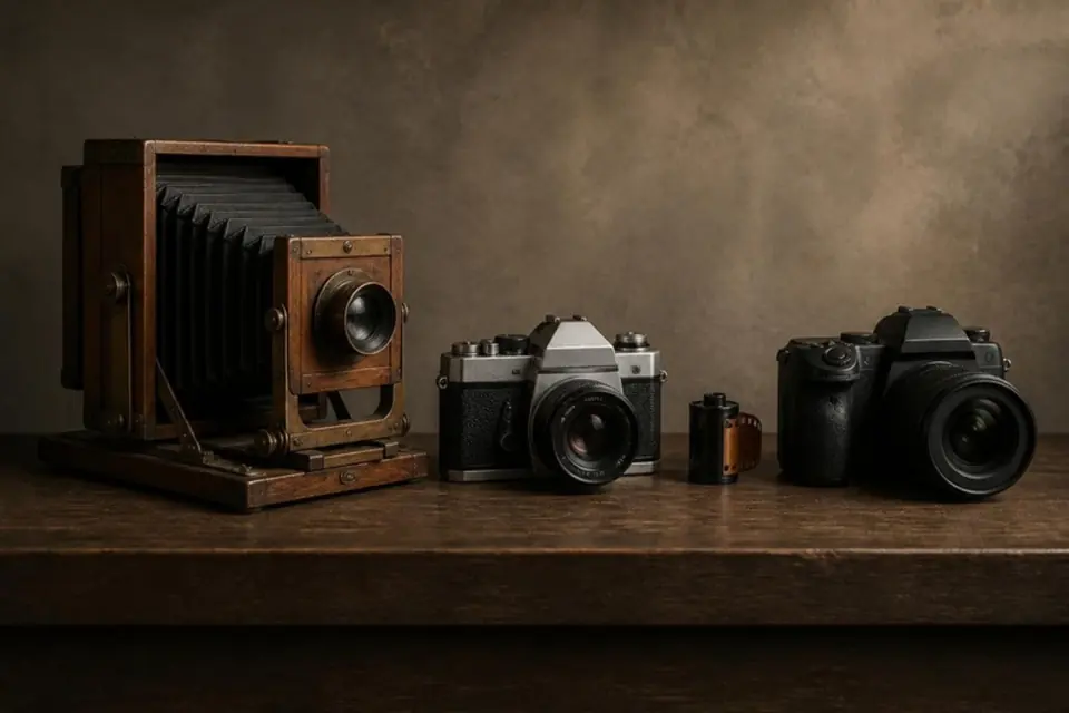Antique view camera, vintage film camera and modern mirrorless camera on a shelf