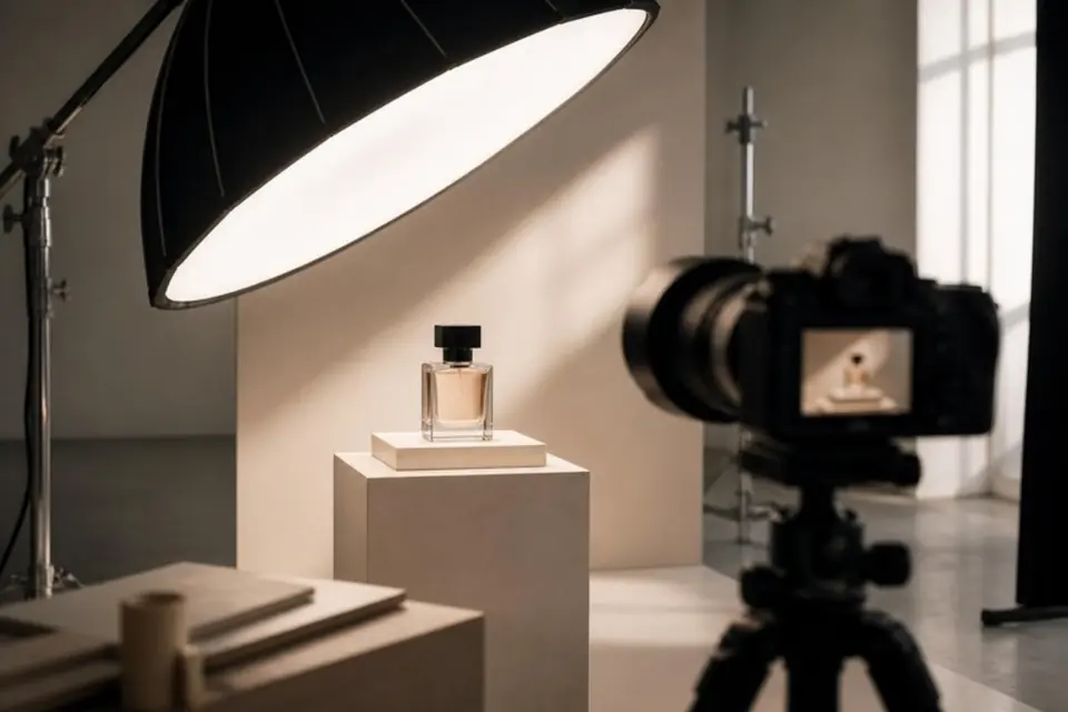 Studio product shoot of a glass bottle under a large softbox