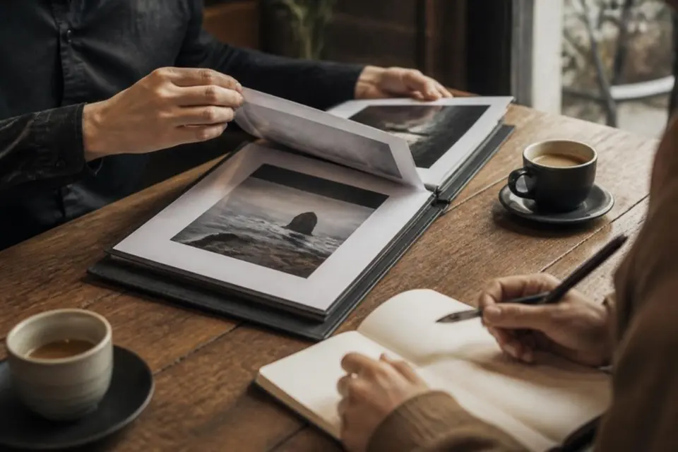 Two people reviewing a printed photography portfolio over coffee