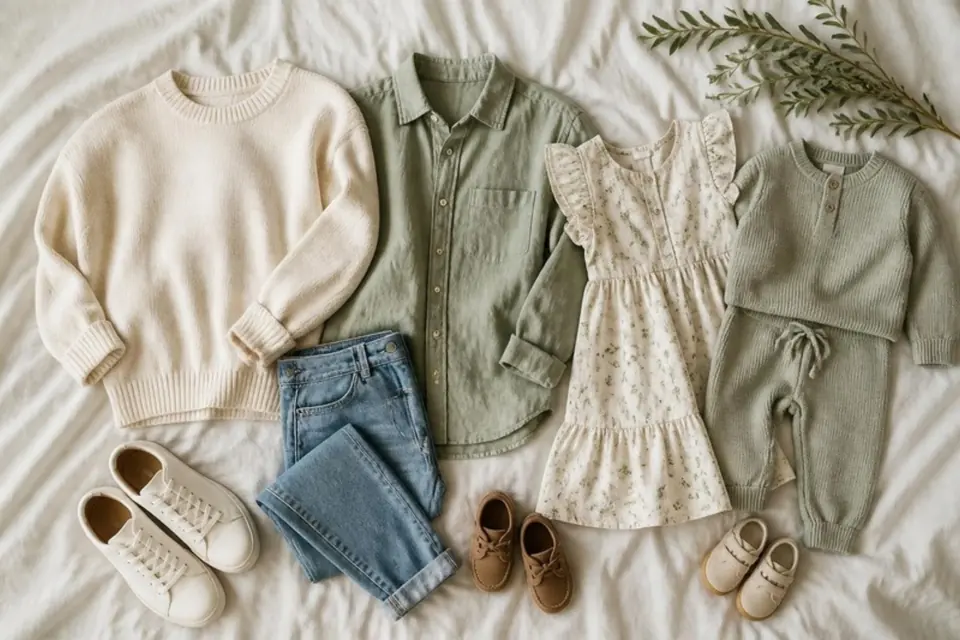 Coordinated family outfits in cream, sage and denim laid out on a bed