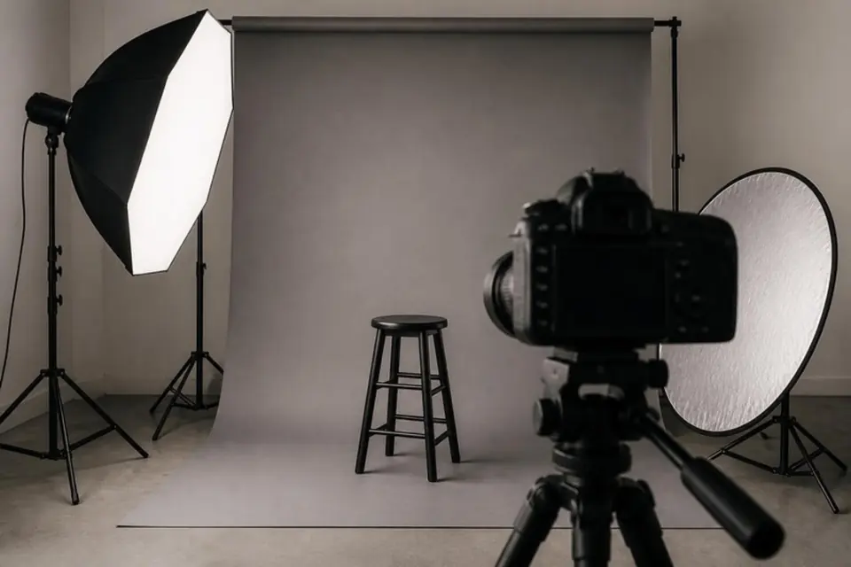 Headshot studio with a gray backdrop, stool, softbox and camera on a tripod