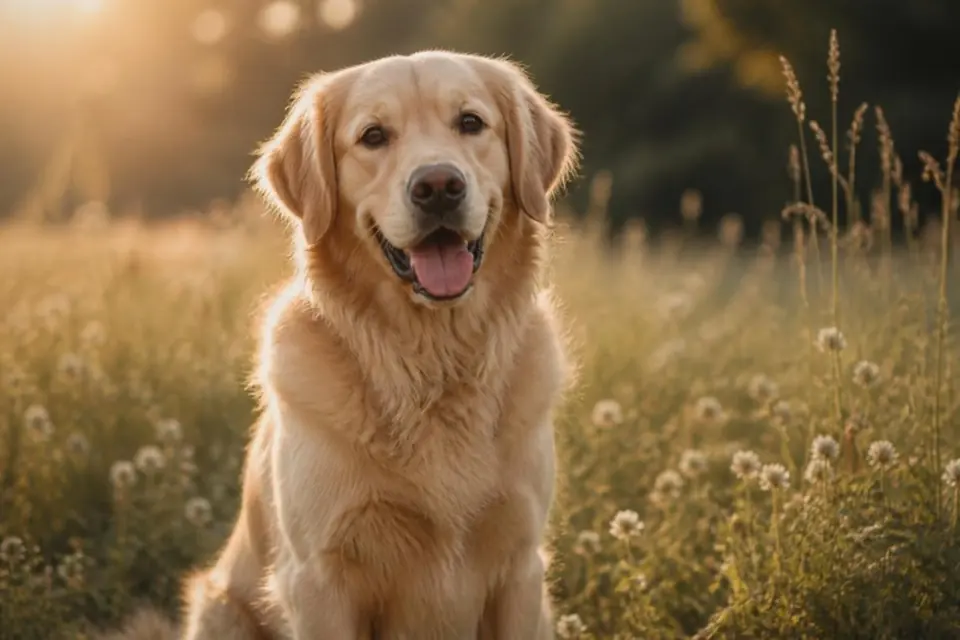 Golden retriever sitting in a sunlit meadow