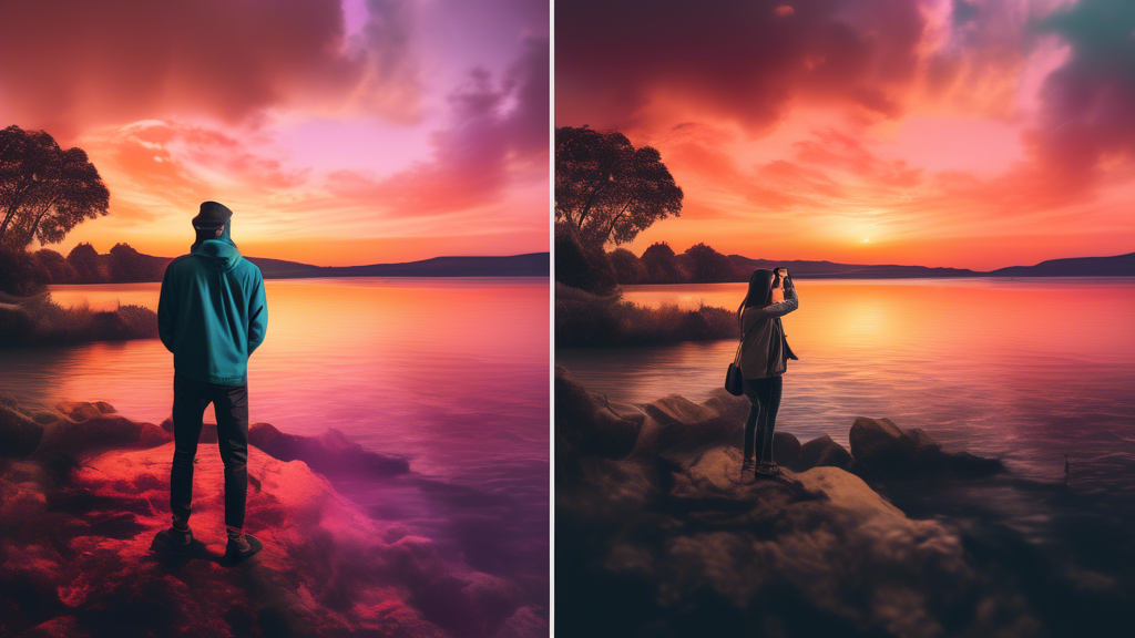 A split-screen image, one side showing an amateur photographer struggling with camera settings, the other side showing a professional photographer effortlessly capturing a stunning sunset.