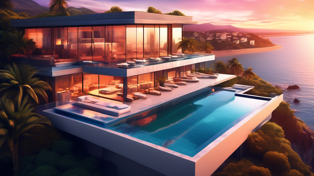 A breathtaking aerial view of a luxurious modern mansion with an infinity pool overlooking a scenic coastline at sunset, captured with a high-quality camera.