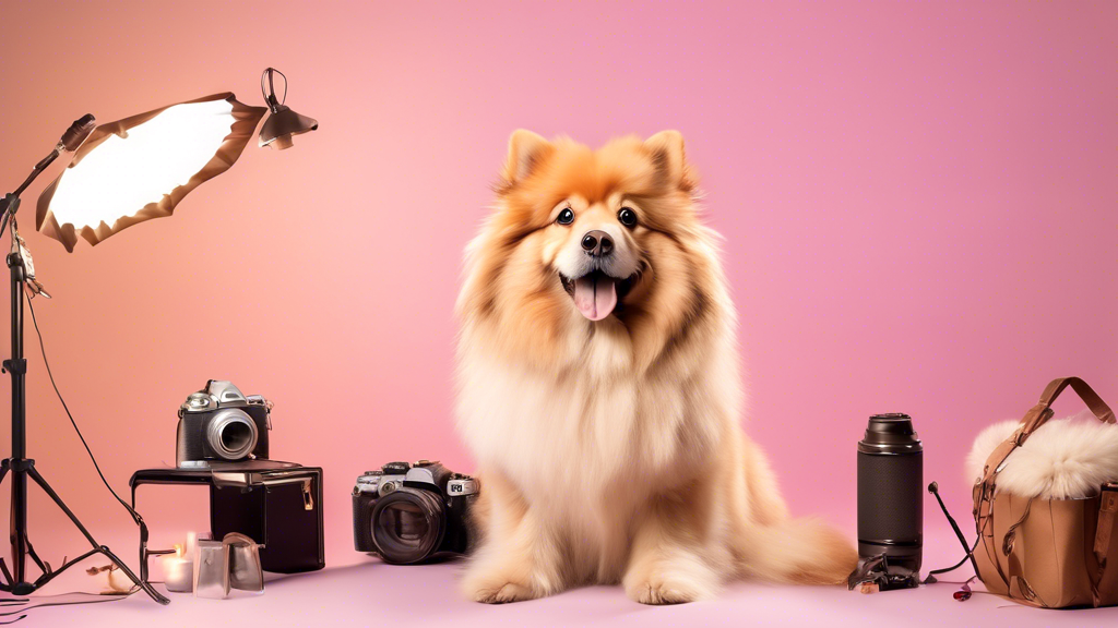 A professional photographer expertly poses an adorable fluffy dog in a studio setting with soft lighting and props.