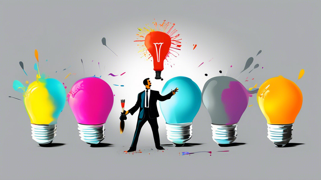 A vibrant, unique lightbulb standing out from a group of dull, gray lightbulbs, with a businessman confidently holding a paintbrush, adding a splash of color to the bright bulb.
