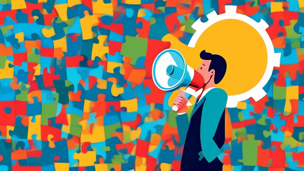 A person confidently communicating their personal brand through a megaphone made of colorful puzzle pieces.