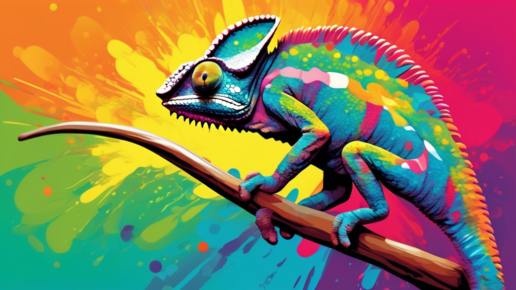 A chameleon shedding its skin, transforming and revealing vibrant new colors, with a paintbrush in its tail.