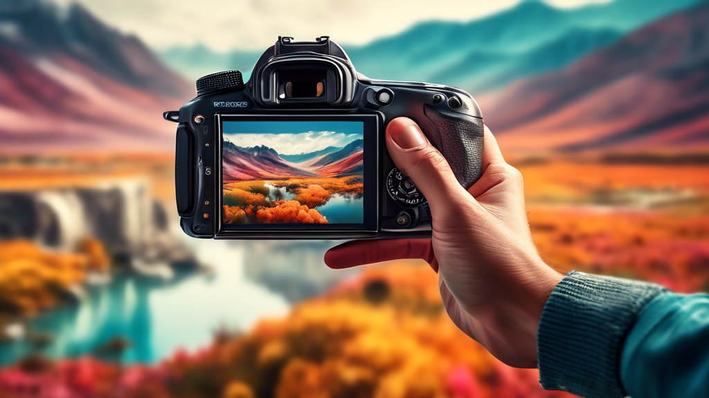 A hand holding a professional camera with one side showing a price tag and the other side showing a breathtaking landscape photo.