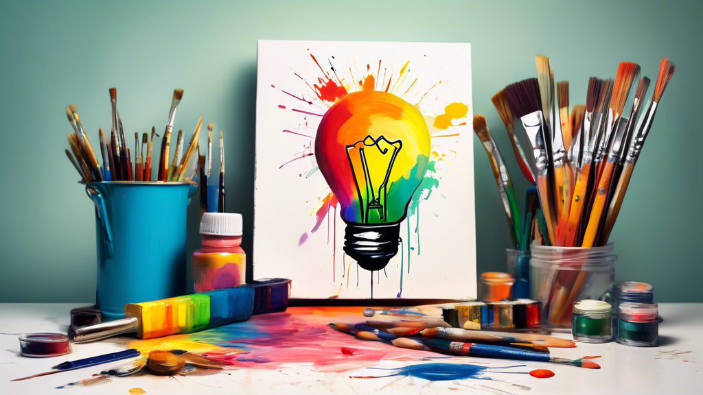 A lightbulb painted like a colorful work-in-progress, surrounded by paintbrushes and art supplies, with a blank canvas in the background.