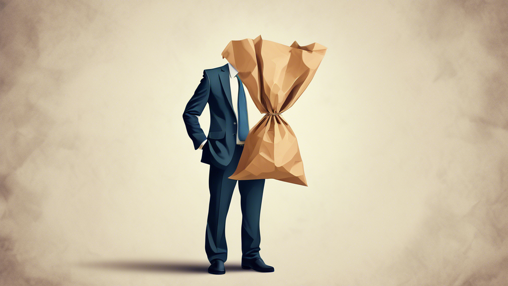 A faceless businessman in a suit holding a crumpled paper bag over his head with a question mark on it.