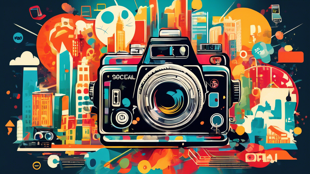 A vintage camera bursting with colorful marketing icons like logos, social media symbols, and graphs against a backdrop of a bustling city.