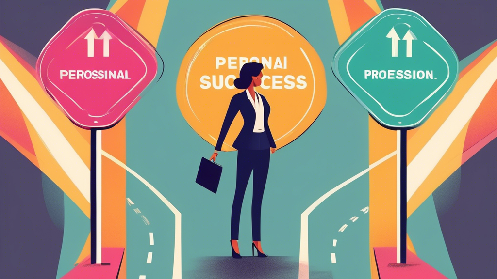 A businesswoman standing at the intersection of two roads, one road labeled Personal Branding and the other road labeled Professional Success, with her arms outstretched confidently towards both paths