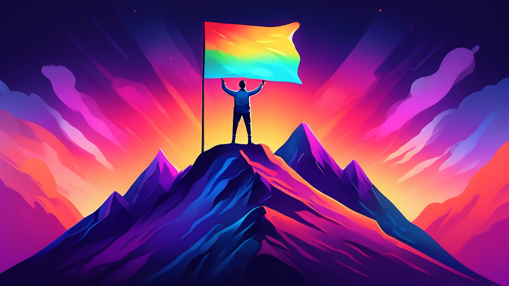 A person standing confidently on a mountain peak with a glowing aura, holding a flag that says Personal Brand.