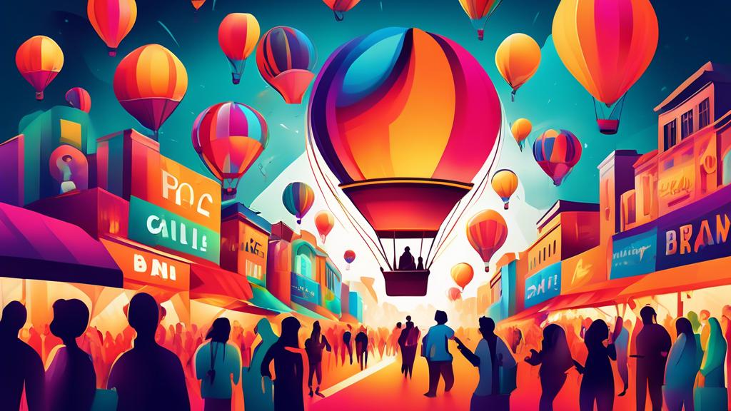 A vibrant, glowing personal brand logo rising like a hot air balloon above a bustling marketplace filled with people representing different industries.