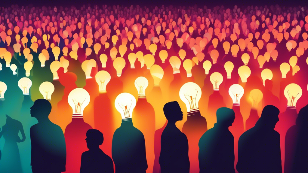 A person standing out from a crowd of silhouettes with a glowing light bulb above their head, representing their personal brand.