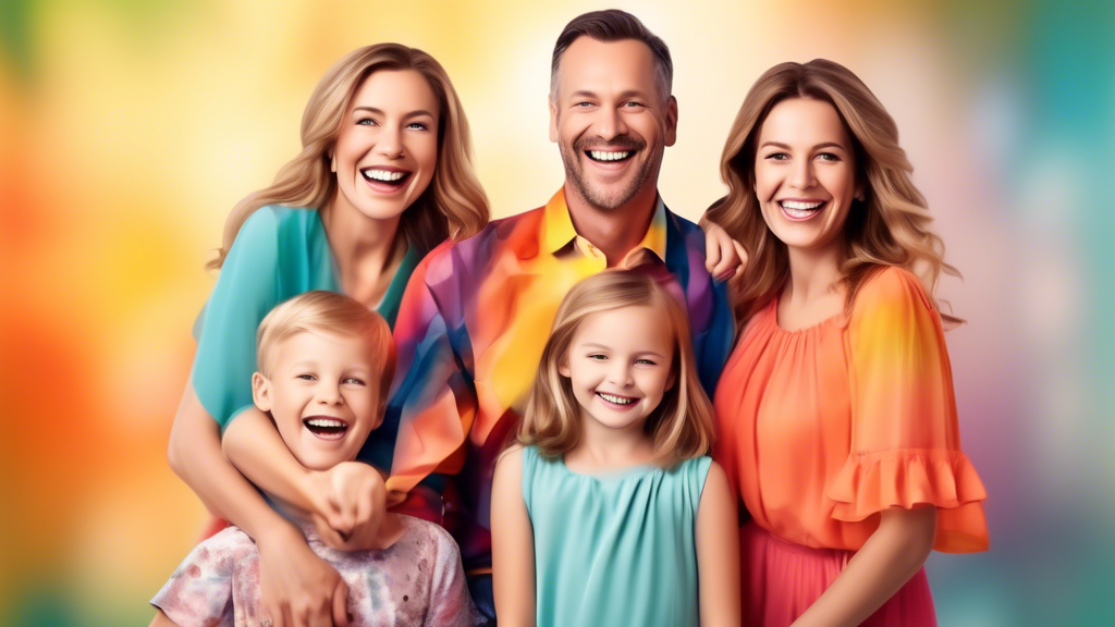 A family, dressed in coordinating outfits, smiling and laughing together during a professional photoshoot with a blurred background.