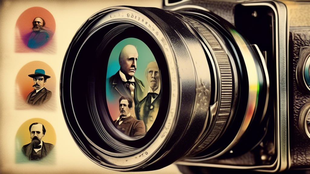 A vintage camera lens with a ghostly overlay of famous historical figures taking photographs.
