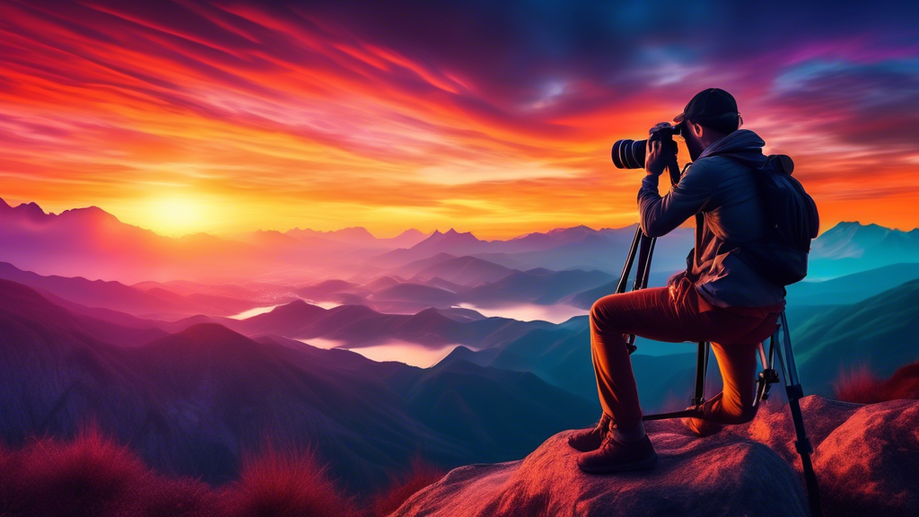 A photographer capturing a breathtaking sunset over a mountain range with their professional camera, radiating an aura of mastery and serenity.