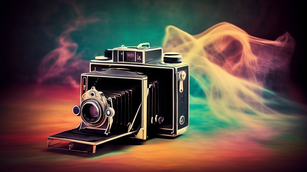 A vintage camera capturing a moment in time, with a ghostly image of the scene being photographed emerging from the lens.