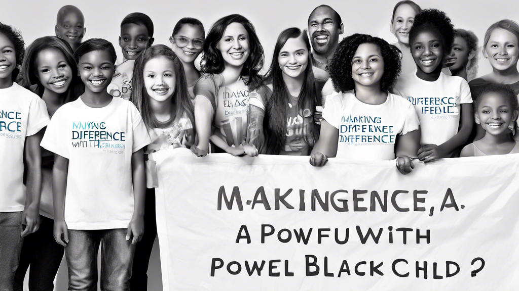 A diverse group of volunteers smiling and looking directly at the camera while holding a banner that reads Making a Difference with a powerful black and white photo of a child in the background.